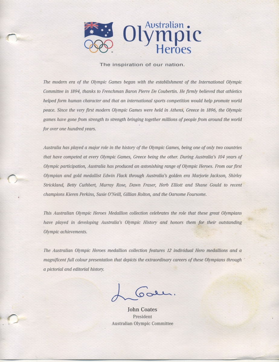 Австралия набор медалей олимпийские герои Австралии 1987 Бетти Катберт, Херб Эллиот, Эдвин Флэк, команда гребли 1992 и 1996, Дон Фрейзер, Шейн Гоулд, Марджори Джексон, Сьюзан О'Нил, Кирен Перкинс, Джиллиан Ролтон, Мюррей Роуз 14-01-01-09