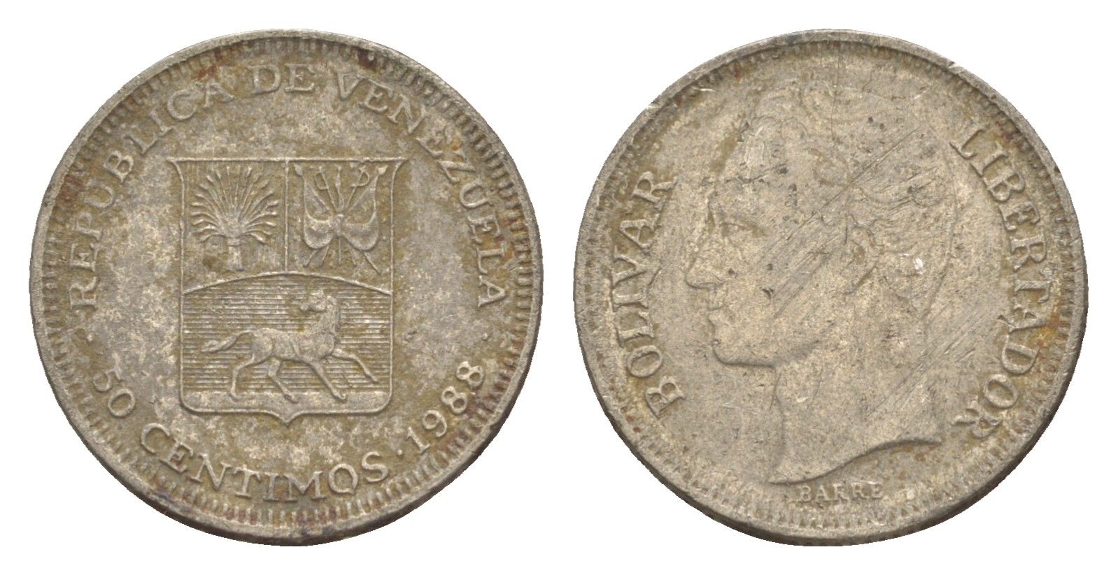 Венесуэла 50 сентимо 1988 Симон Боливар Y 41a сталь плакированная никелем 4584-133