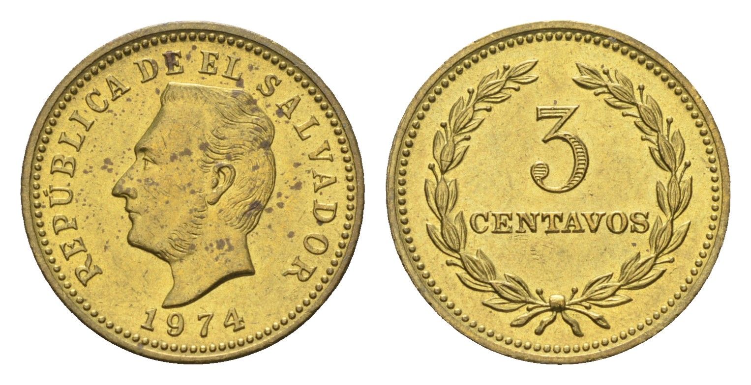 Сальвадор 3 сентаво 1974 год-тип KM 148 никель латунь UNC 4668-542
