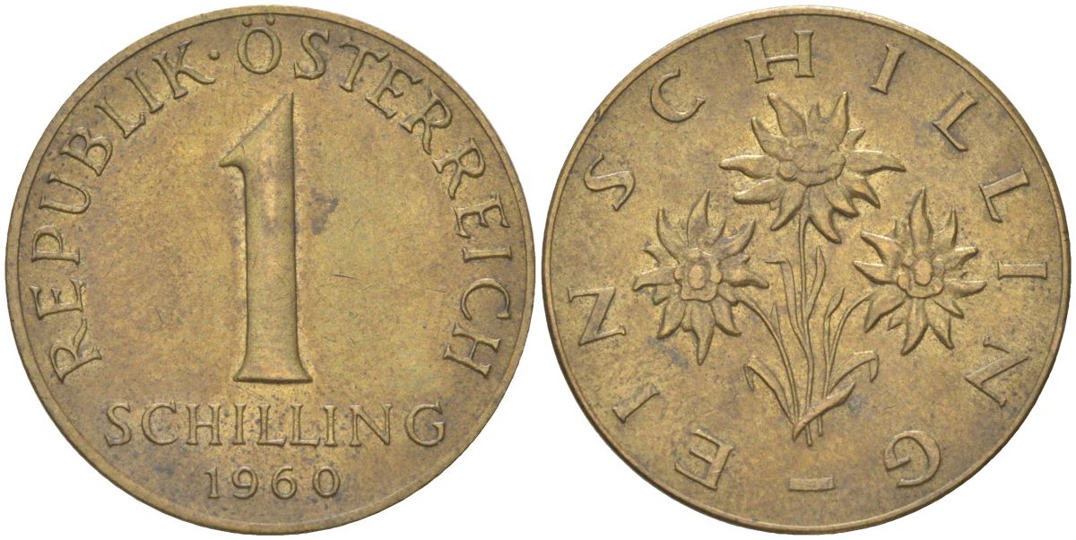 Австрия 1 шиллинг 1960 KM 2886 алюминиевая бронза 4142-1055