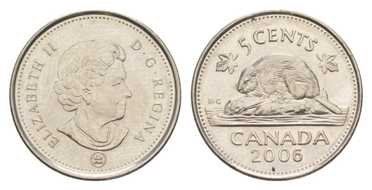 Канада 5 центов 2006 Leaf, Елизавета II (1952-2022), бобр KM 491 сталь плакированная никелем UNC 4630-762