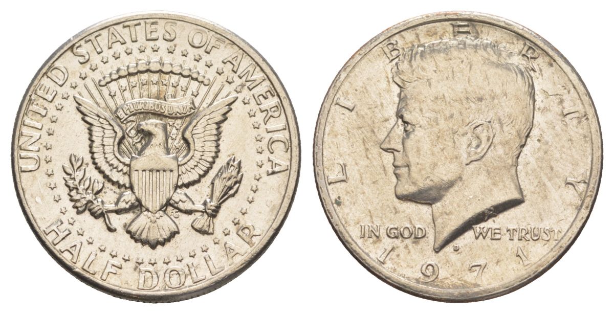 США 1/2 доллара (50 центов) 1971 D, Джон Кеннеди KM 202b медь плакированная медно-никелем aUNC 88-232