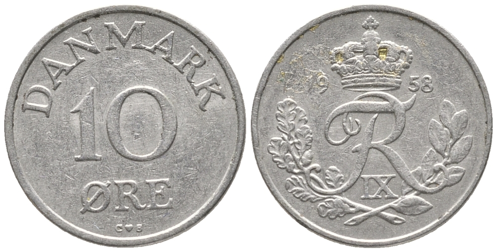 ДАНИЯ 10 ЭРЕ 1958 C; S, ФРЕДЕРИК IX (1947-1972) КМ 841.2 медно-никель 100-1138