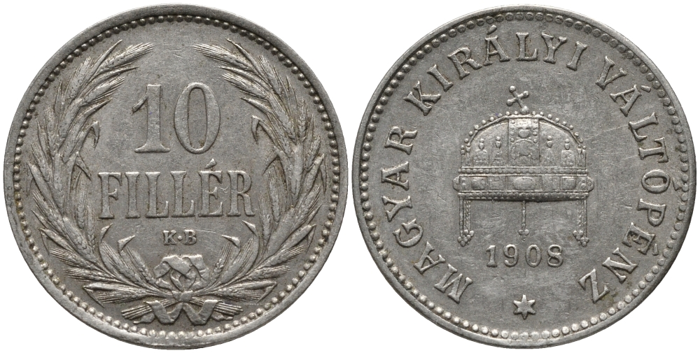 Венгрия 10 филлеров 1908 KB, Франц Иосиф I (1848-1916) KM 482 никель 4396-132