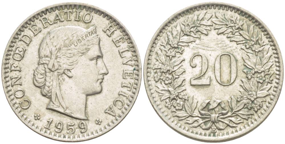 ШВЕЙЦАРИЯ 20 РАППЕНОВ 1959 В KM 29а медно-никель 4511-922