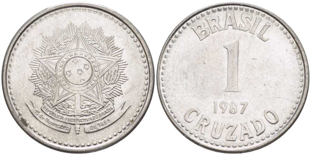 Бразилия 1 крузадо 1987 KM 605 нержавеющая сталь 217-1245
