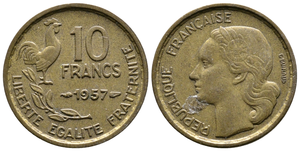 ФРАНЦИЯ 10 ФРАНКОВ 1957 KM 915.1, LE FRANC 363.13 алюминиевая бронза 51-944
