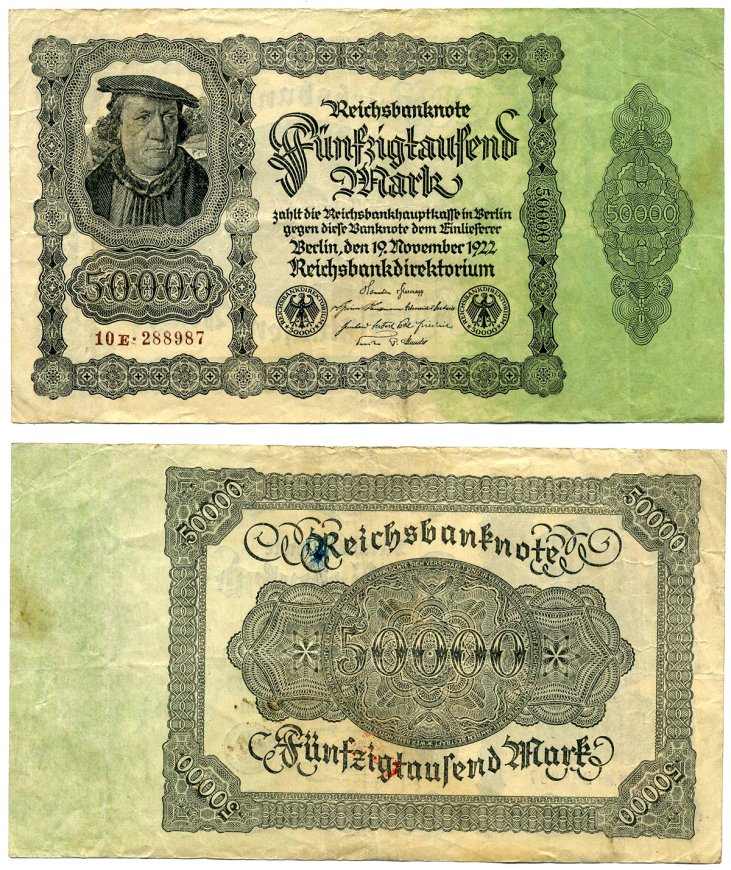 Германия 50000 марок 1922 19 ноября 1922, выпуск (20 февраля 1923-5 июля 1925), номер шестизначный, серия Е288987 Pick 79, Роземберг 79d бумага 2194-6-1-1