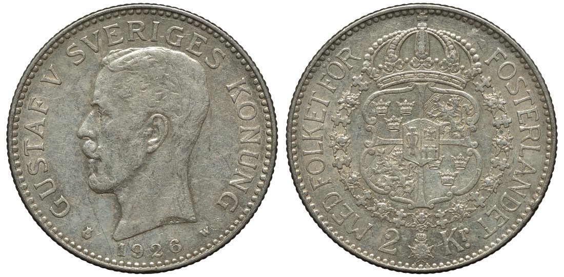 Швеция 2 кроны 1926 W, Густав V (1907-1950) KM 787 серебро 221-533