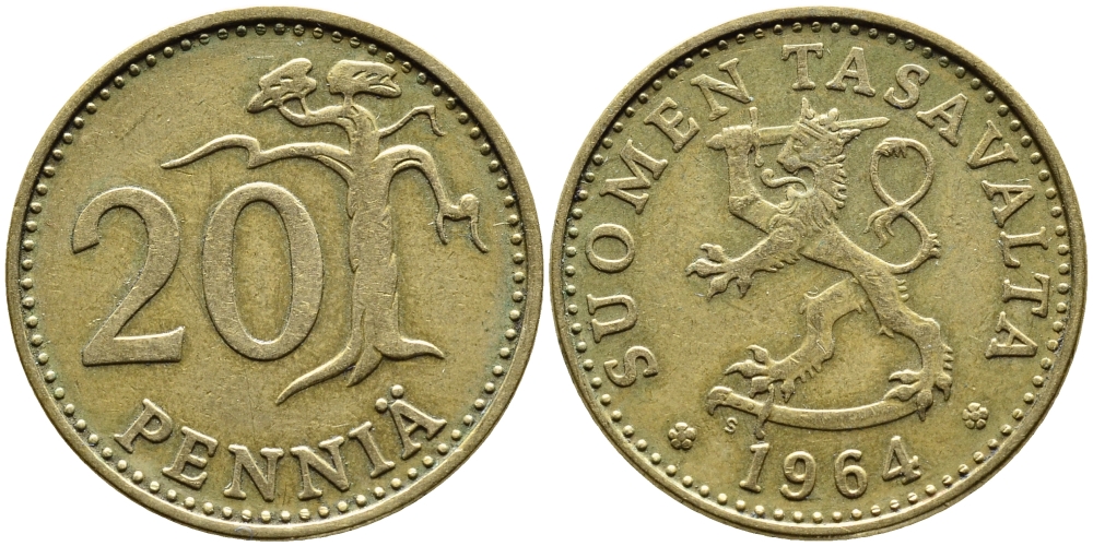 ФИНЛЯНДИЯ 20 ПЕННИ 1964 S KM 47 алюминиевая бронза 4364-4436