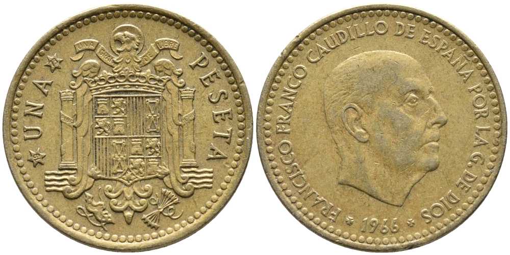 ИСПАНИЯ 1 ПЕСЕТА 1966 (73) ФРАНСИСКО ФРАНКО ДИКТАТОР ИСПАНИИ (1939-1975) KM 796 алюминиевая бронза 110-1225