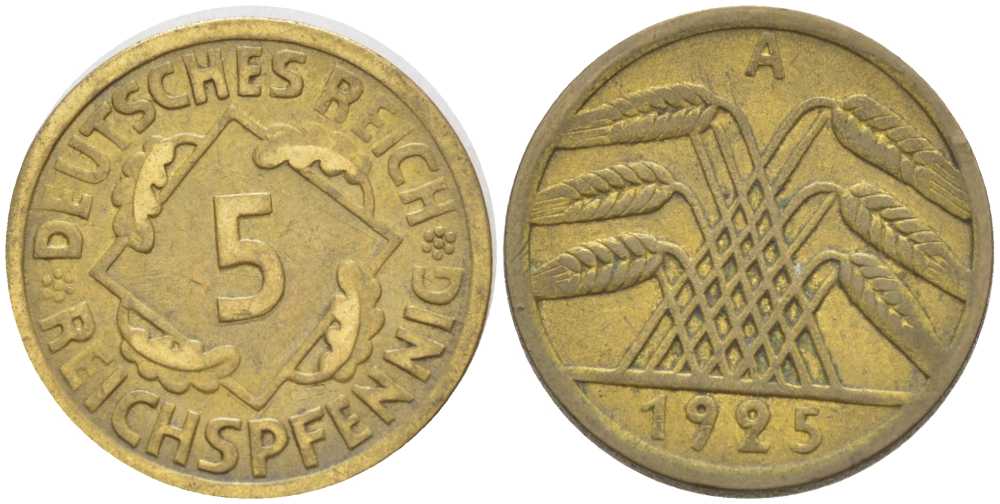 Германия 5 рейхспфеннигов 1925 A KM 39, J. 316, Weege 7 алюминиевая бронза 206-811