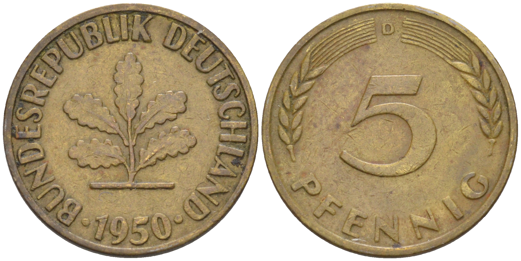 ФРГ 5 пфеннигов 1950 D KM 107, J. 382 сталь плакированная латунью 55-1236