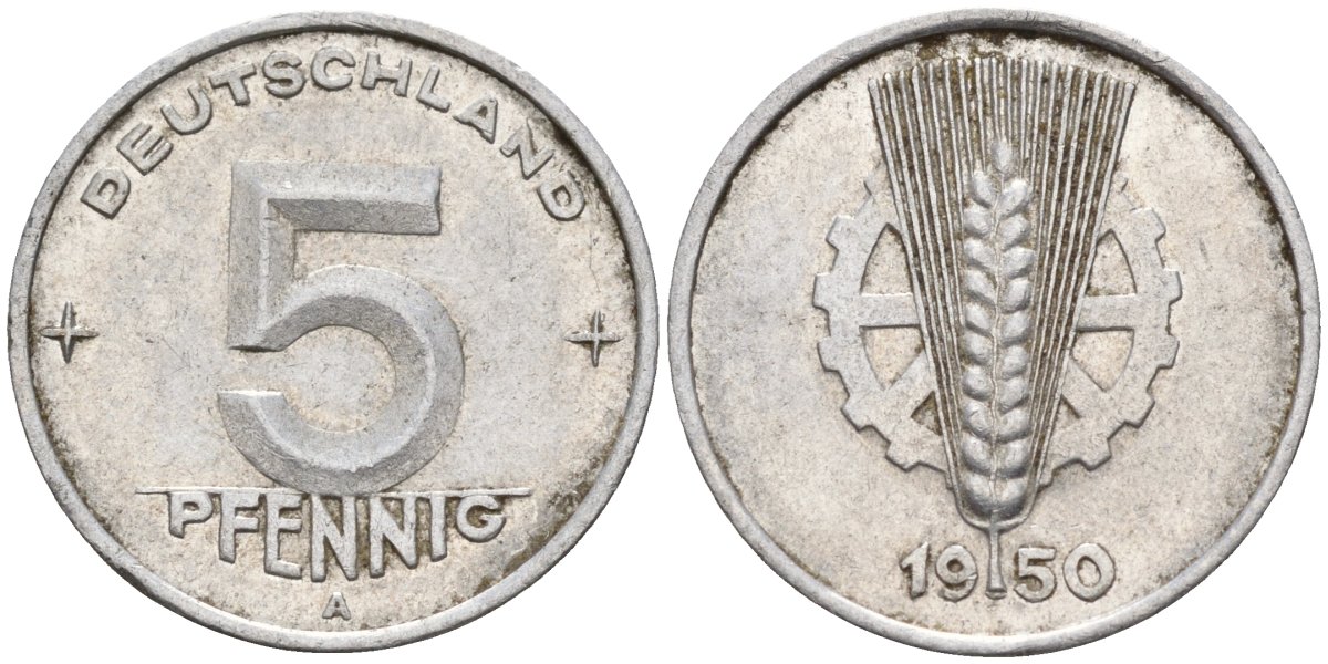 ГДР 5 пфеннигов 1950 A KM 2 алюминий 4596-559