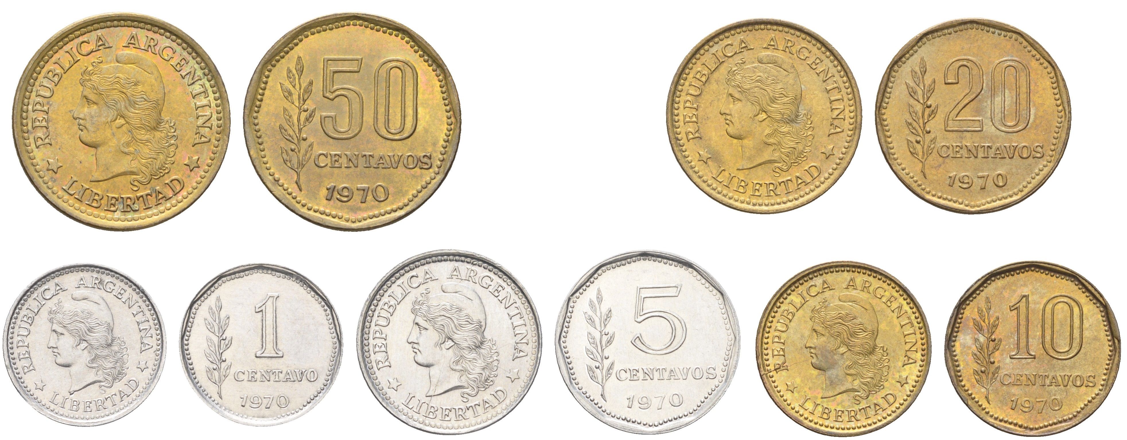Аргентина годовой набор из 5 монет (1, 5, 10, 20 и 50 сентаво) 1970 KM 64, 65, 66, 67 и 68 UNC 4662-731-733