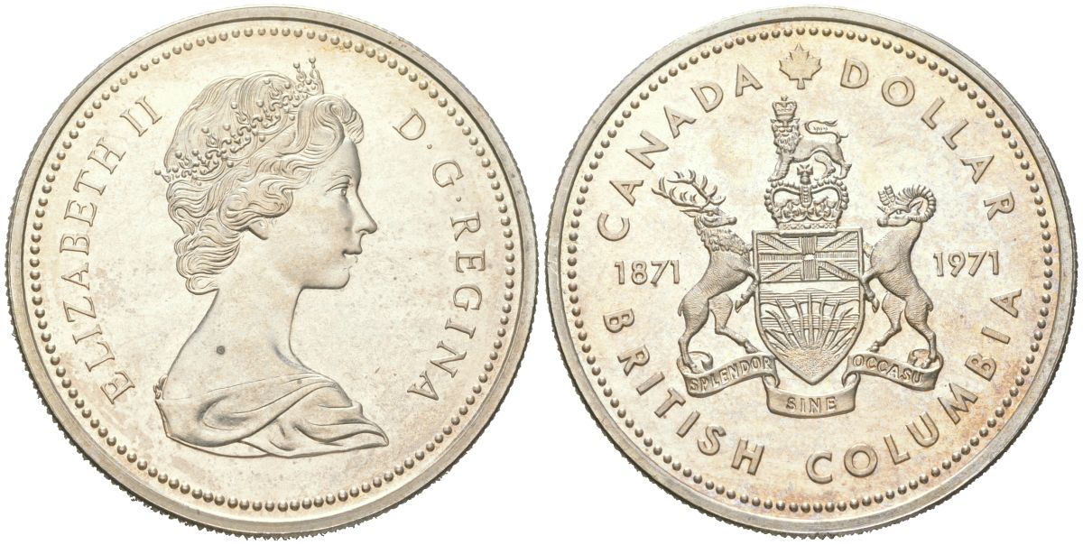 Канада 1 доллар 1971 100 лет присоединению Британской Колумбии KM 80 серебро BU 00-1067-1-23