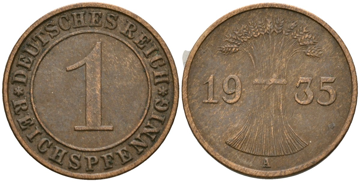 Германия 1 рейхспфенниг 1935 A KM 37, J. 313 бронза 4528-247
