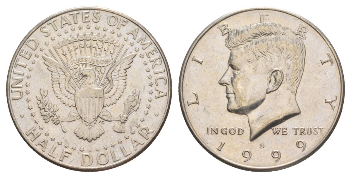 США 1/2 доллара (50 центов) 1999 D, Джон Кеннеди KM A202b медь плакированная медно-никелем aUNC 4512-1216
