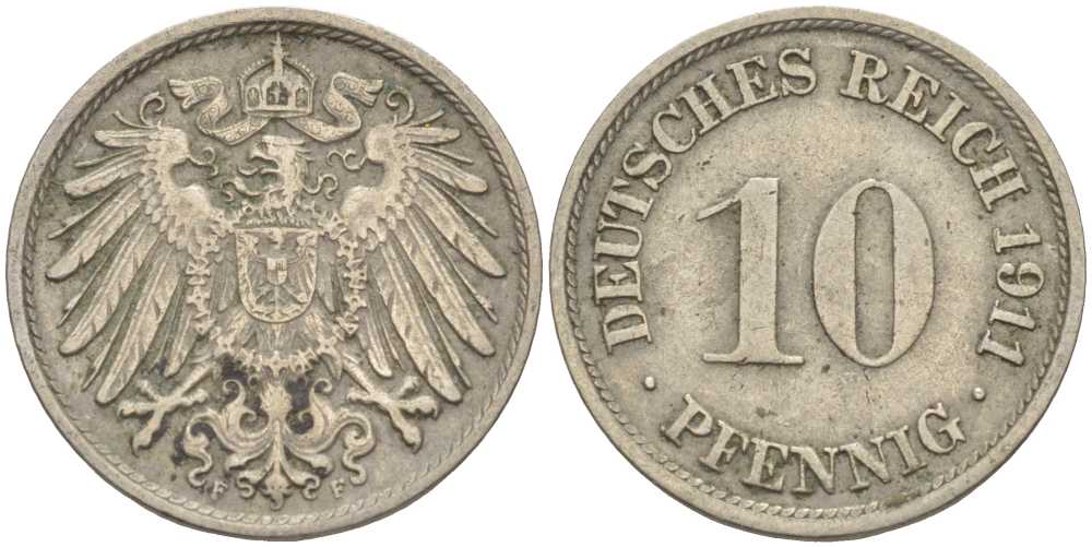 ГЕРМАНИЯ 10 ПФЕННИГОВ 1911 F KM 12, J. 13 медно-никель 31-1125