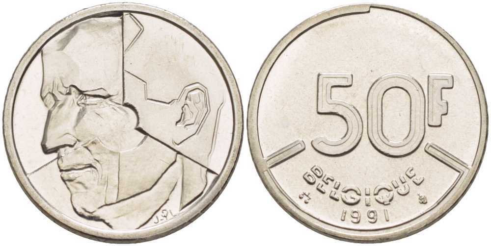 БЕЛЬГИЯ 50 ФРАНКОВ 1991 BELGIQUE, БОДУЭН I (1951-1993) KM 168 никель 210-946