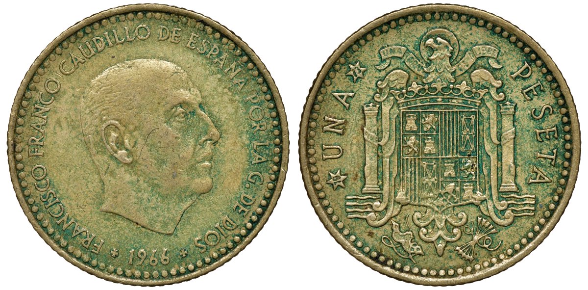 ИСПАНИЯ 1 ПЕСЕТА 1966 (73) ФРАНСИСКО ФРАНКО ДИКТАТОР ИСПАНИИ (1939-1975) КМ 796 алюминиевая бронза 72-954