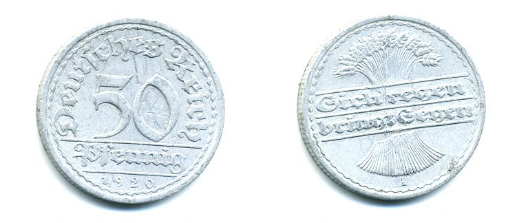 ГЕРМАНИЯ 50 ПФЕННИГОВ 1920 A KM 27, J. 301 алюминий 57-536