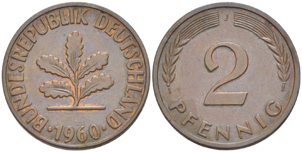 ФРГ 2 ПФЕННИГА 1960 J KM 106, J. 381 бронза 4181-723