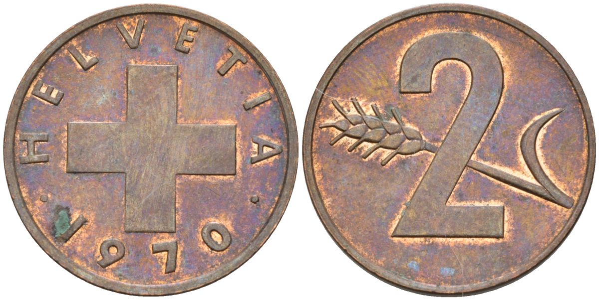 Швейцария 2 раппена 1970 KM 47 бронза 4592-655