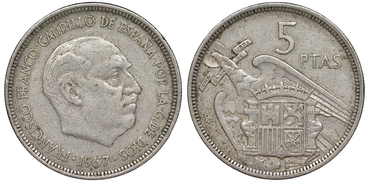 Испания 5 песета 1957 (58) Франсиско Франко (1939-1975) KM 786 медно-никель 4176-132