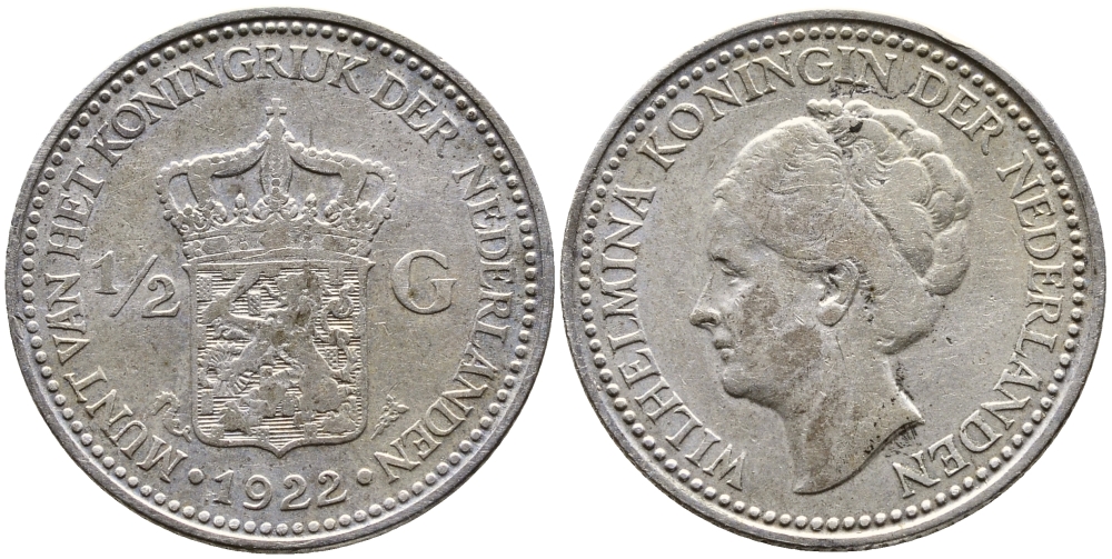 Нидерланды 1/2 гульдена 1922 Вильгельмина I (1890-1948) KM 160 серебро 4388-1253