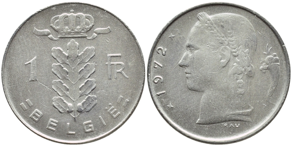 БЕЛЬГИЯ 1 ФРАНК 1972 BELGIE KM 143.1 медно-никель 4385-1041