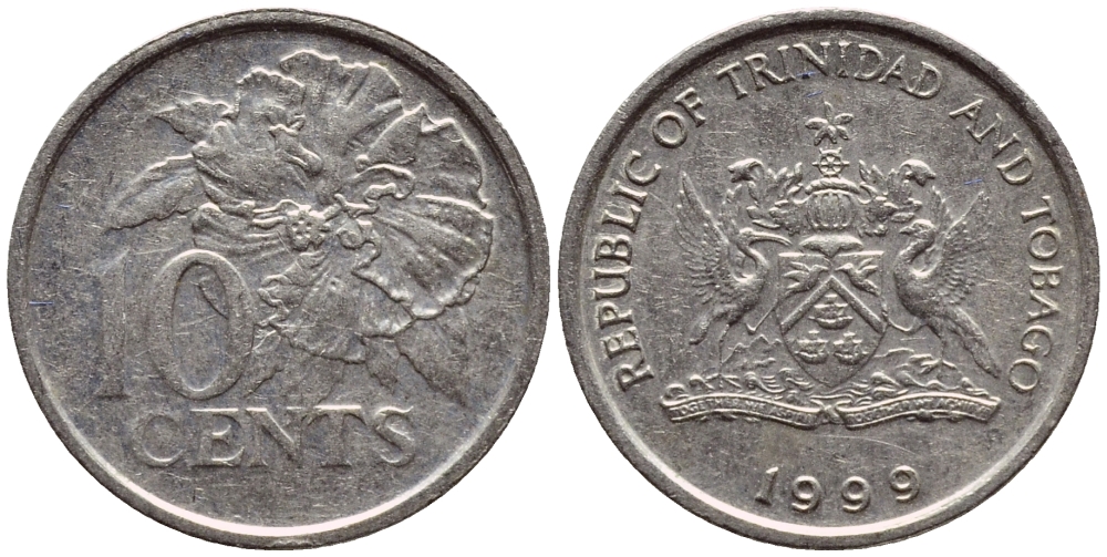 Тринидад и Тобаго 10 центов 1999 цветок гибискуса KM 31 медно-никель 4396-917
