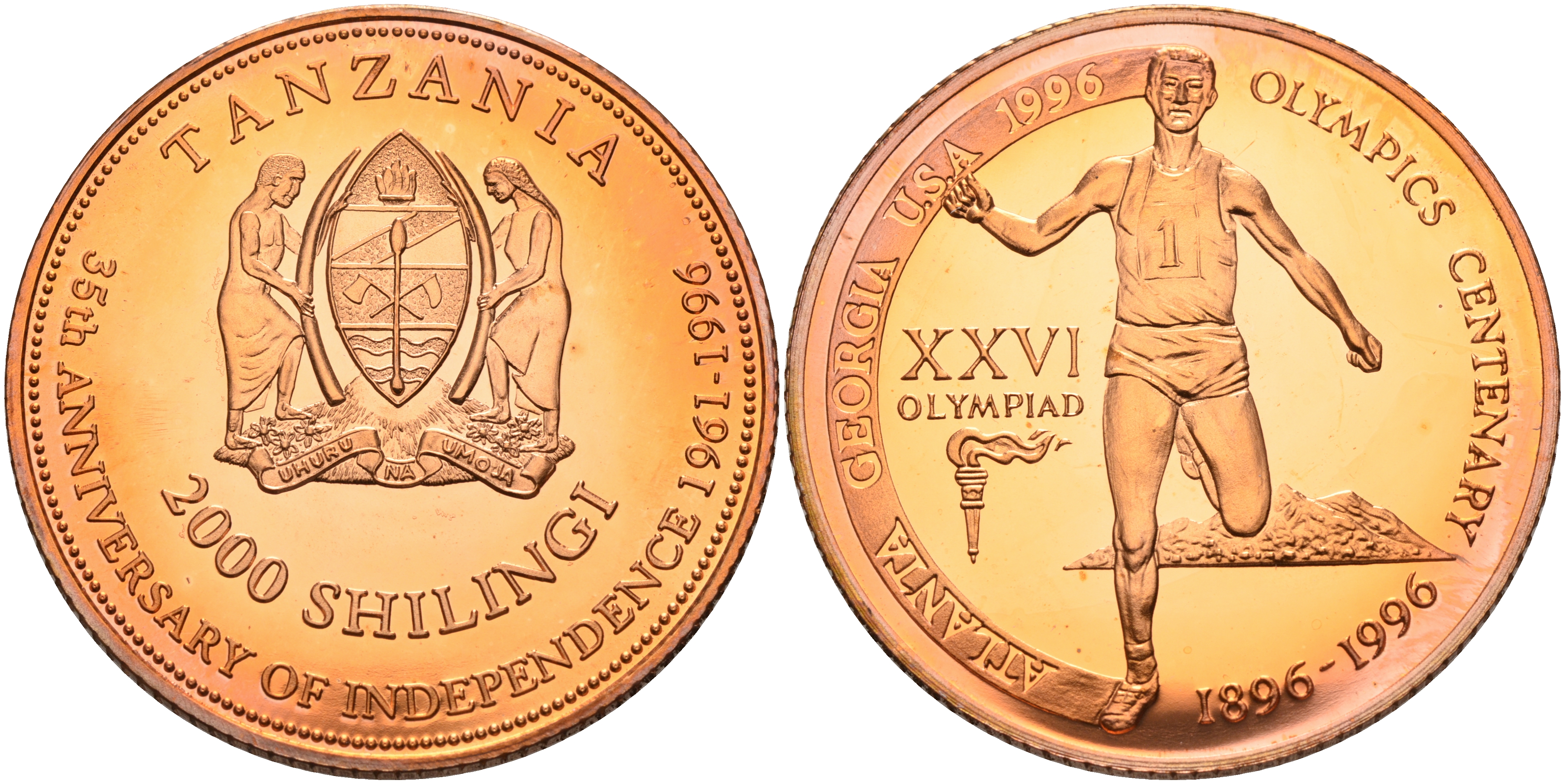 Танзания 2000 шиллингов 1996 XXVI Олимпийские игры 1996 года в Атланте, 100 лет Олимпийскому движению, финиш пробник, рубчатый гурт медь PROOF 06-156-22