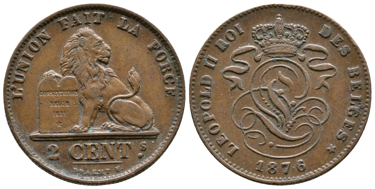 Бельгия 2 сантима 1876 Belges, Леопольд II (1865-1909) KM 35.1 медь 4364-3214