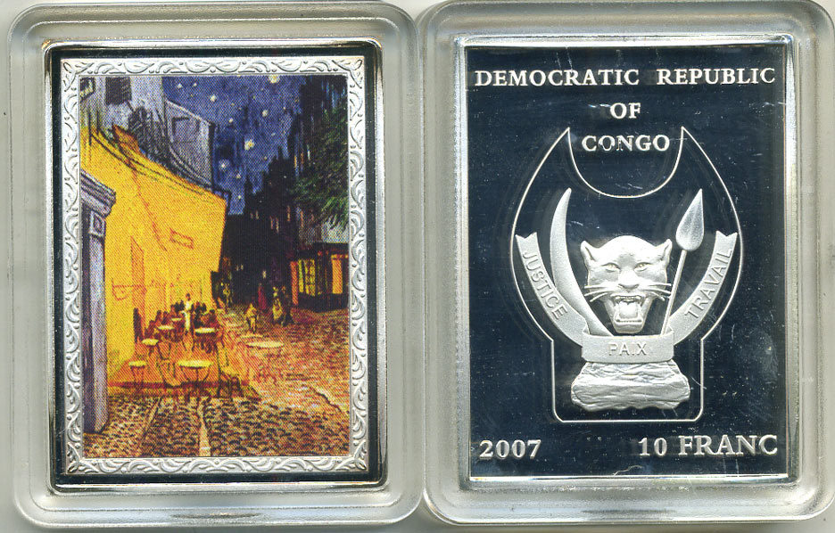 Конго 10 франков 2007 серия шедевры мировой живописи, ВИНСЕНТ ван ГОГ, НОЧНОЕ КАФЕ В АРЛЕ, размер 35Х46 мм., цветная эмаль медно-никель PROOF 00-00