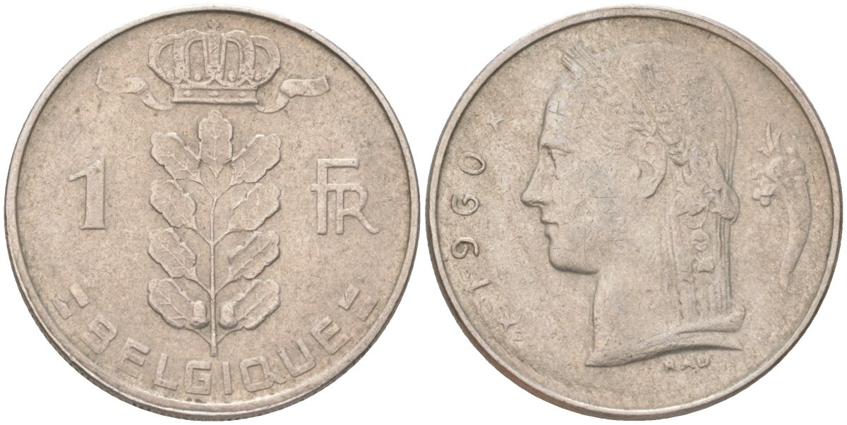 Бельгия 1 франк 1960 Belgique, Бодуэн I (1951-1993) KM 142 медно-никель 4613-853