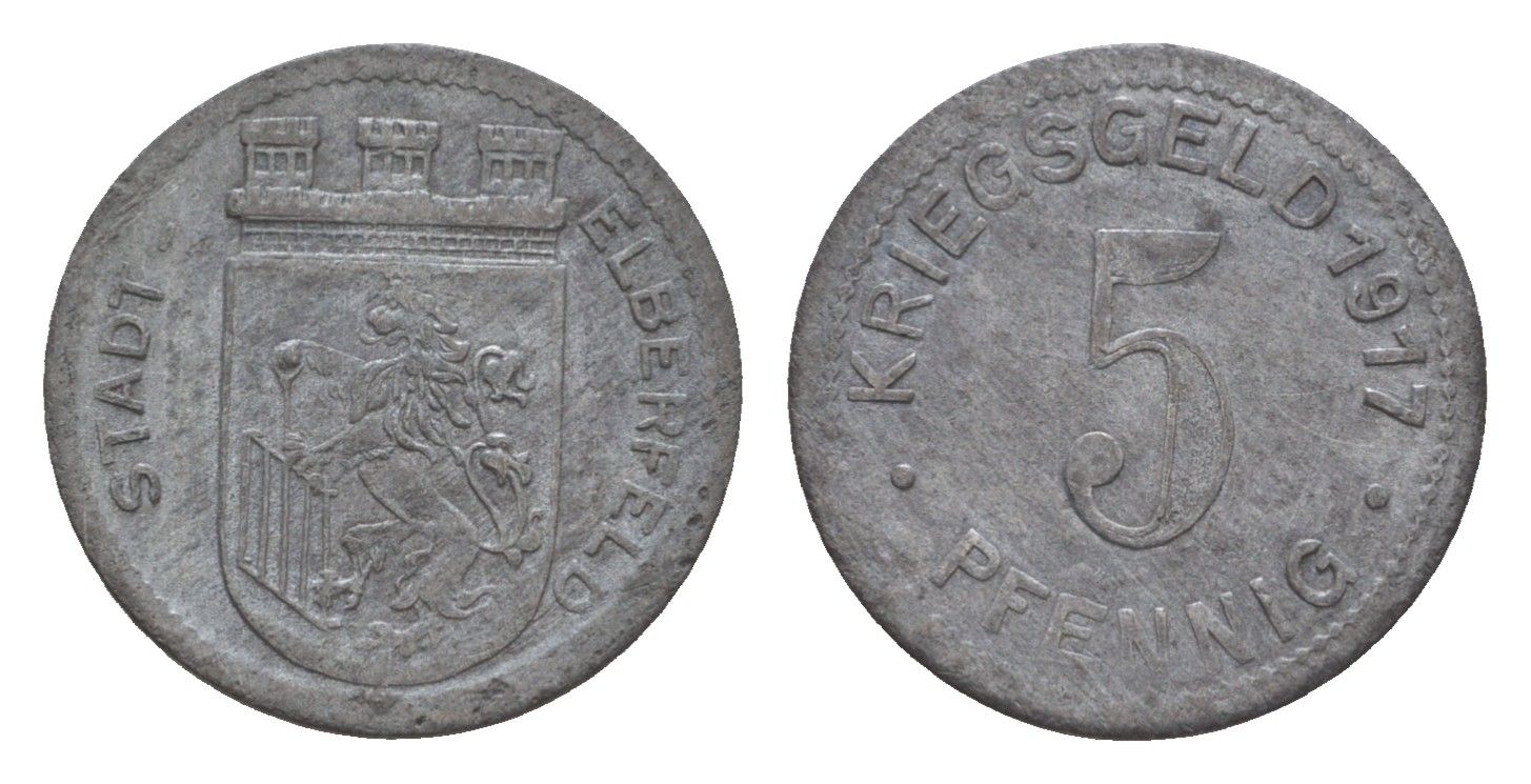 Эльберфельд 5 пфеннигов 1917 Funck 111.1, Men05 6413.1, Men18 8040.1 цинк 4659-235