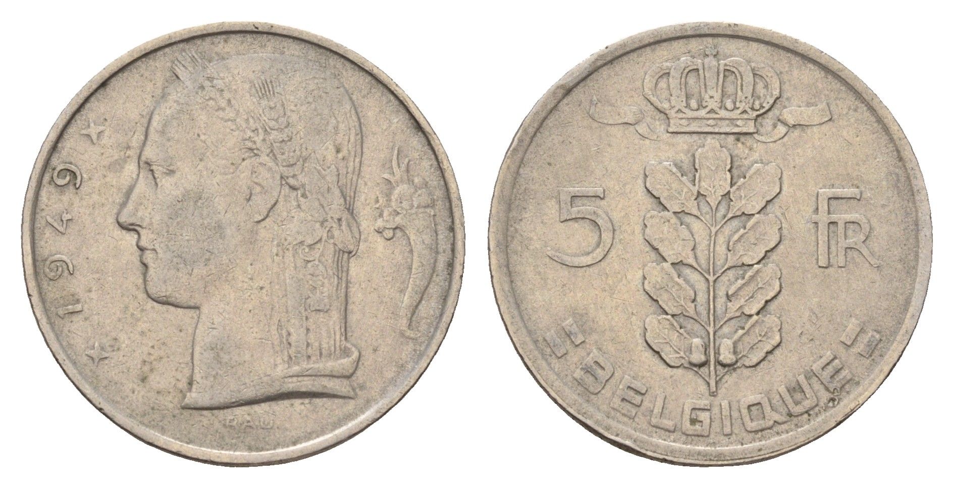 Бельгия 5 франков 1949 Леопольд III (1934-1950), Belgique KM 134 медно-никель 3459-847