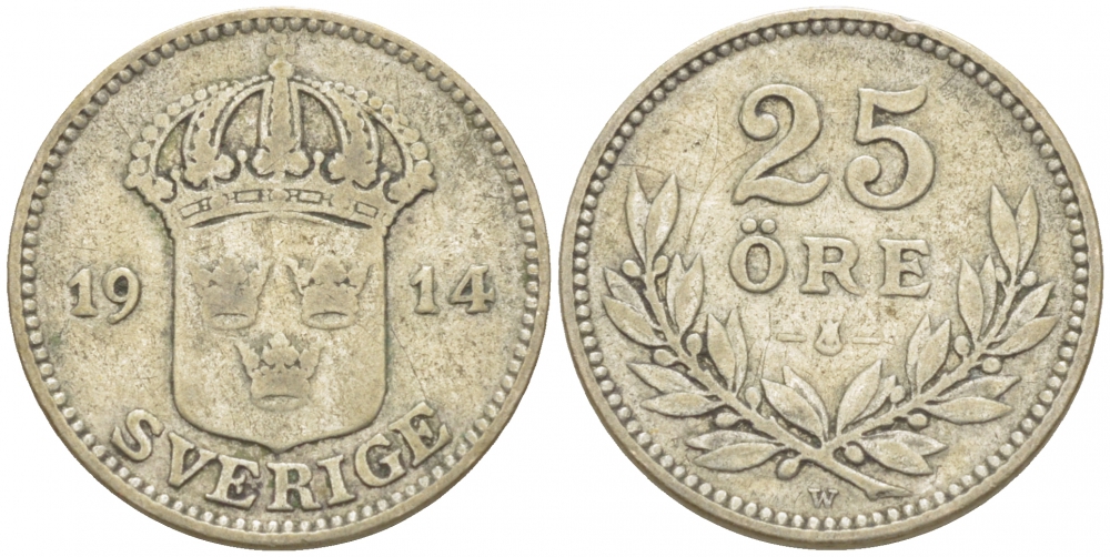 Швеция 25 эре 1914 W, Густав V (1907-1950) KM 785 серебро 3309-855