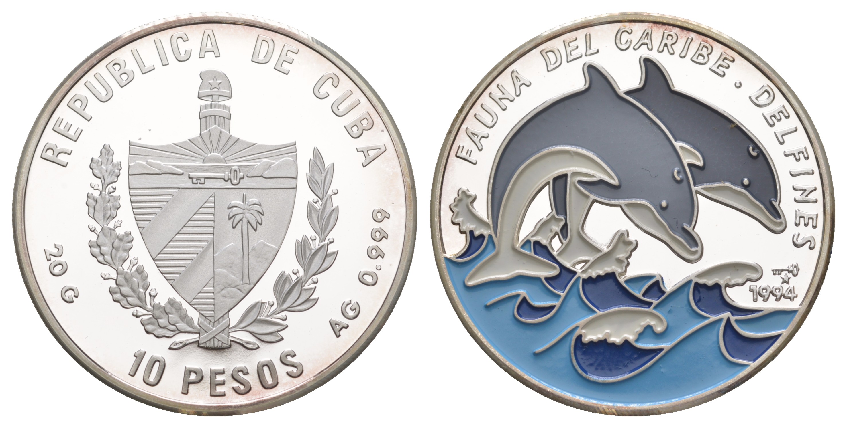 Куба оригинальный полный набор из 6 монет (10 песо) в оригинальной коробке 1994 Карибская фауна 1-4-6-07