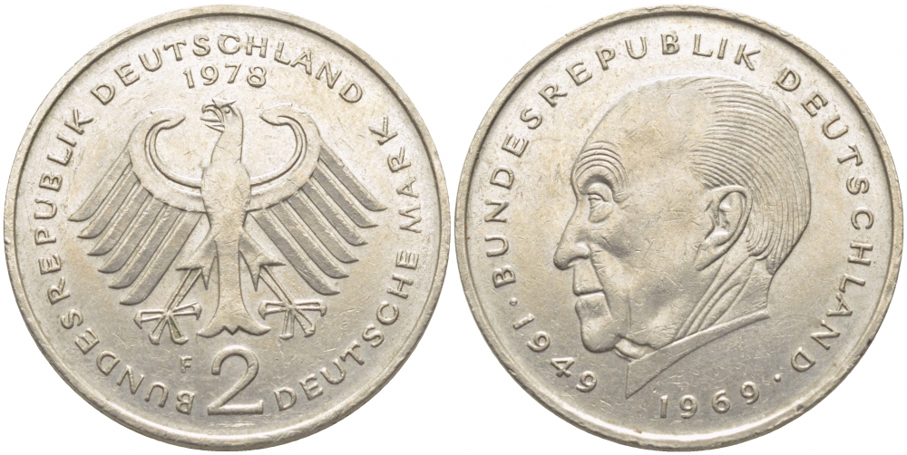 ФРГ 2 МАРКИ 1978 F, КОНРАД АДЕНАУЭР KM 124, J. 406 медно-никель плакированный никелем 3856-254