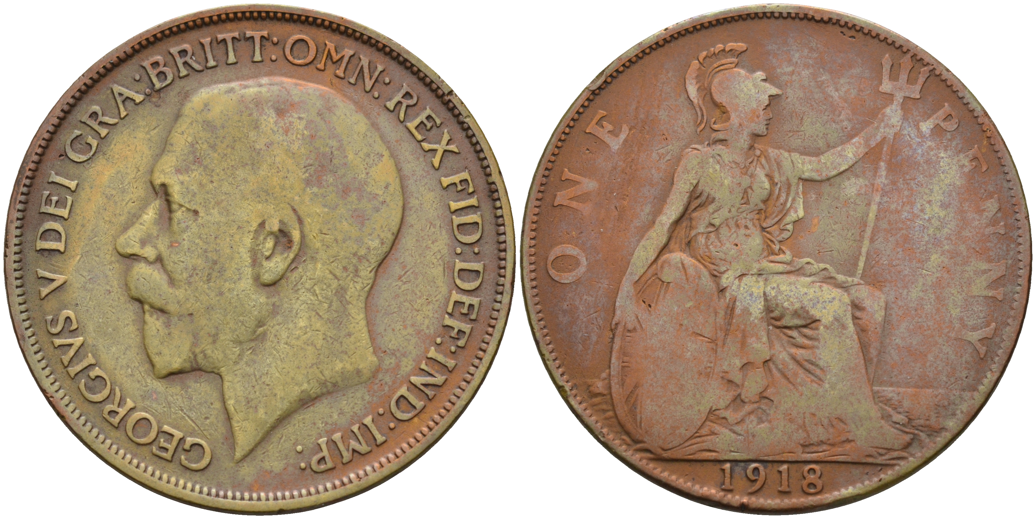 Великобритания 1 пенни 1918 Георг V (1910-1936) КМ 810, Spink 4051 бронза 4593-211