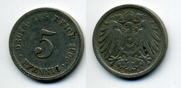 ГЕРМАНИЯ 5 ПФЕННИГОВ 1900 A, KM 11, J. 12 медно-никель 58-1136