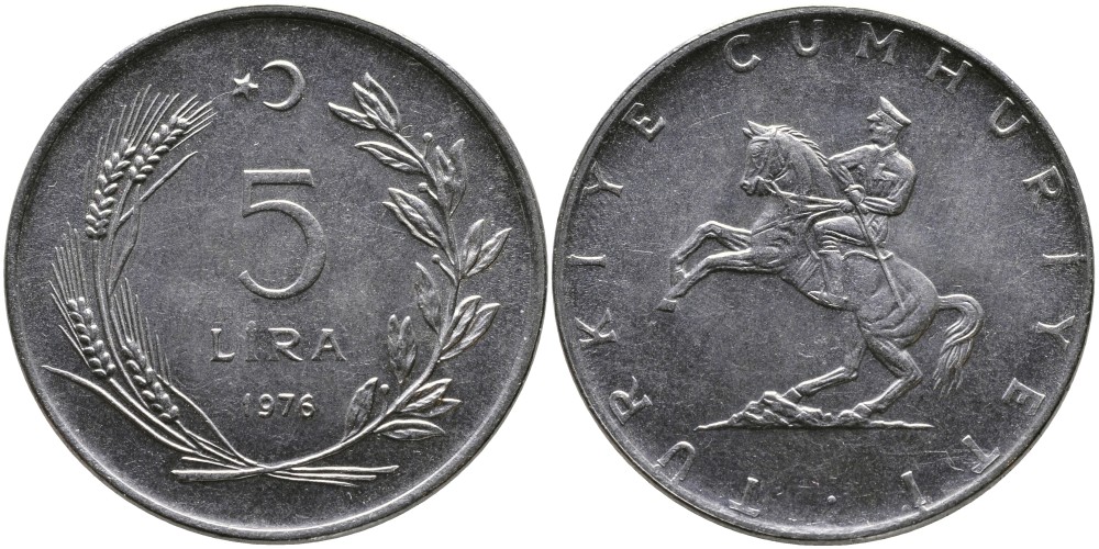 Турция 5 лир 1976 Кемаль Ататюрк KM 905 нержавеющая сталь 29-144