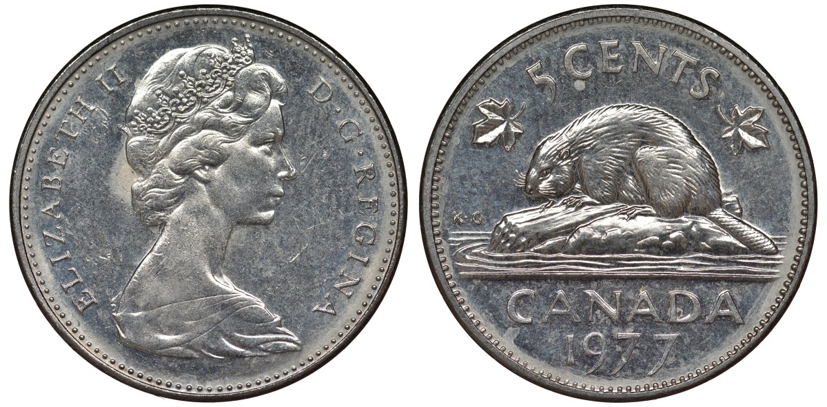 Канада 5 центов 1977 Елизавета II (1952-2022), бобр KM 60.1 никель 4128-552