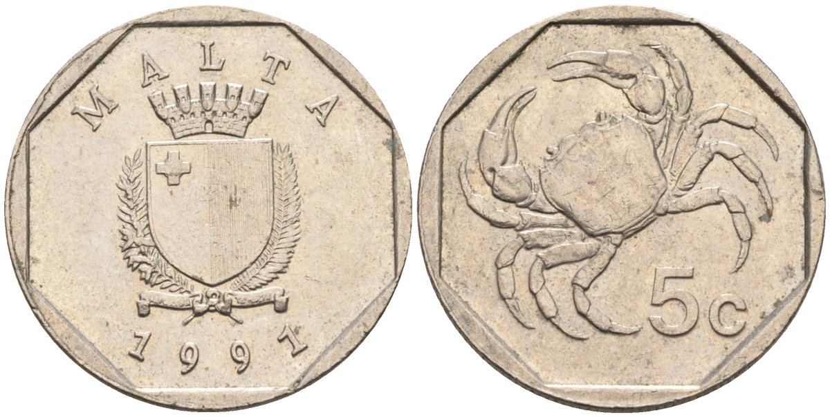 Мальта 5 центов 1991 краб KM 95 медно-никель 4588-119