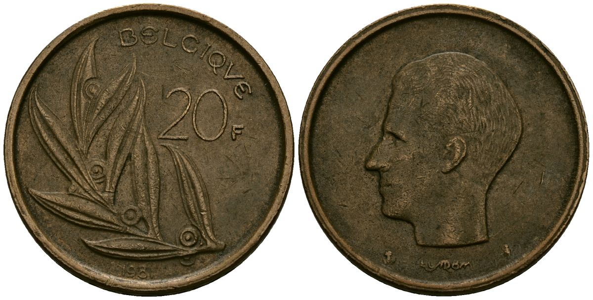 Бельгия 20 франков 1981 KM 159 никель бронза 4577-853