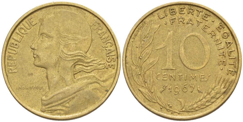 ФРАНЦИЯ 10 САНТИМОВ 1967 ТИП MARIANNE KM 929 медь алюминий никель 4547-1122