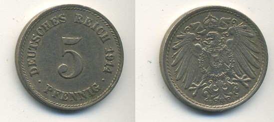 ГЕРМАНИЯ 5 ПФЕННИГОВ 1914 F, KM 11, J. 12 медно-никель 54-131