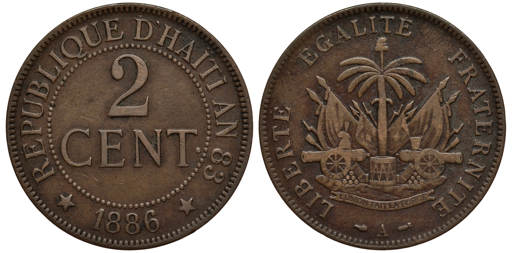 Гаити 2 сантима 1886 А KM 49 бронза 633-424